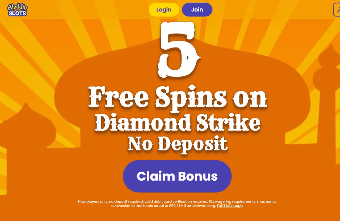 Aladdin Slots landing page advertising 5 no-deposit spins on Diamond Strike, with the significant terms in the fine print