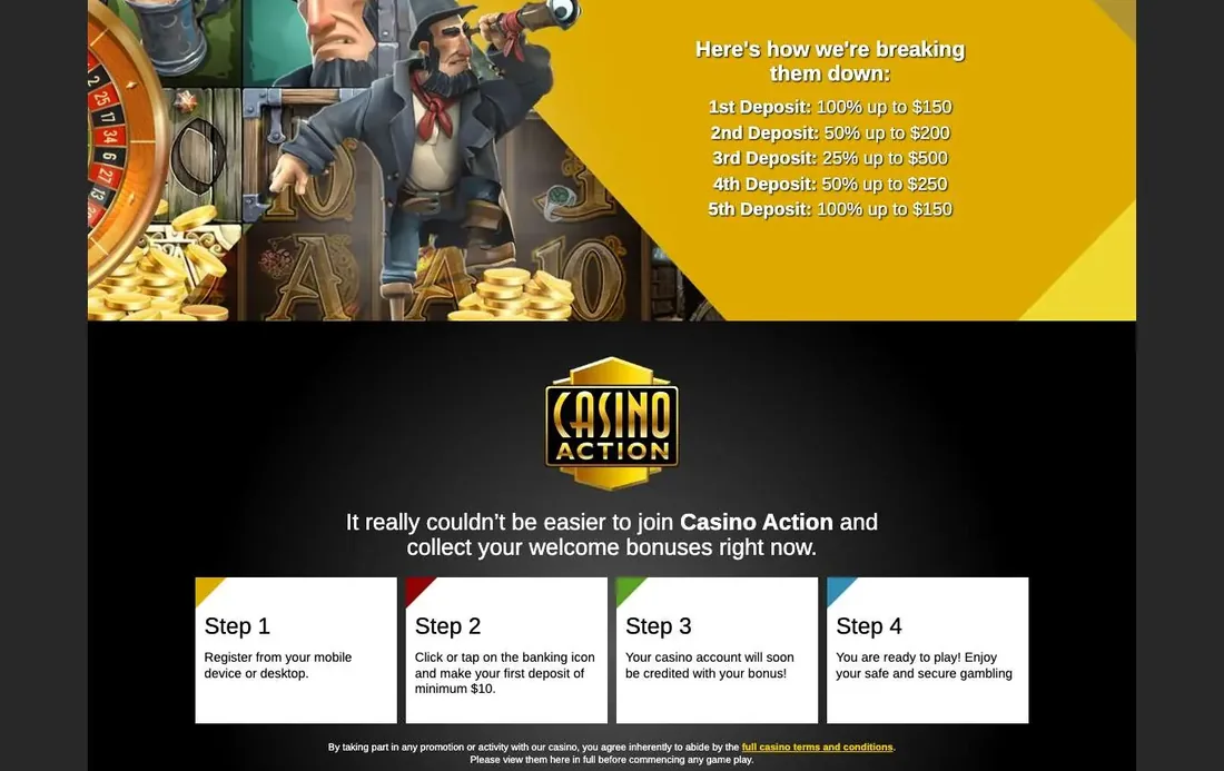 Casino Action five-deposit sign-up package breakdown and the four sign-up steps, including the minimum ten dollar first deposit