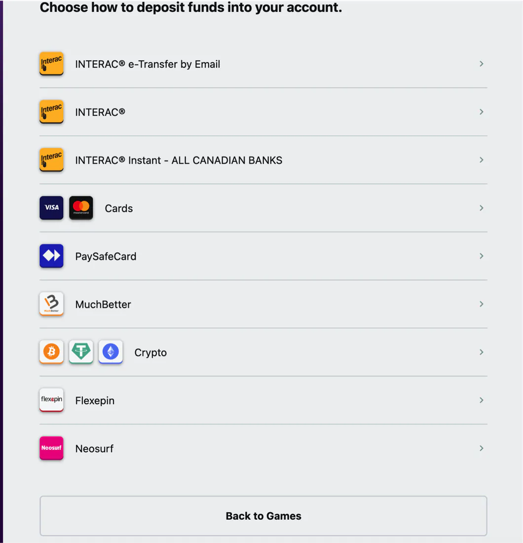 Deposit methods for Canadian players at a Casino Rewards casino: Interac e-Transfer by Email, Interac, Interac Instant, Visa and Mastercard cards, PaySafeCard, MuchBetter, crypto, Flexepin and Neosurf