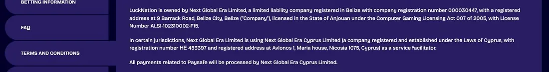LuckNation terms and conditions naming Next Global Era Limited, Belize registration 000030447, licensed in Anjouan with licence ALSI-102310002-F15